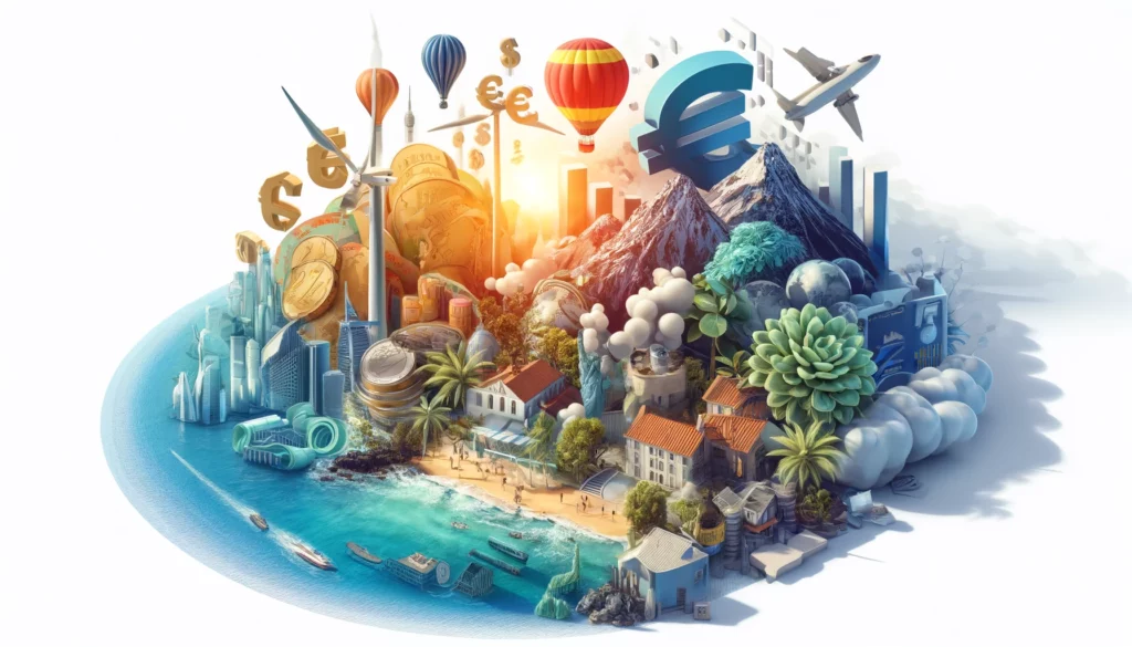 Illustration of global finance and foreign investment: coins, currency symbols, skyscrapers, hot air balloons, airplanes, and landscapes symbolize international trade, tourism, and economic growth.