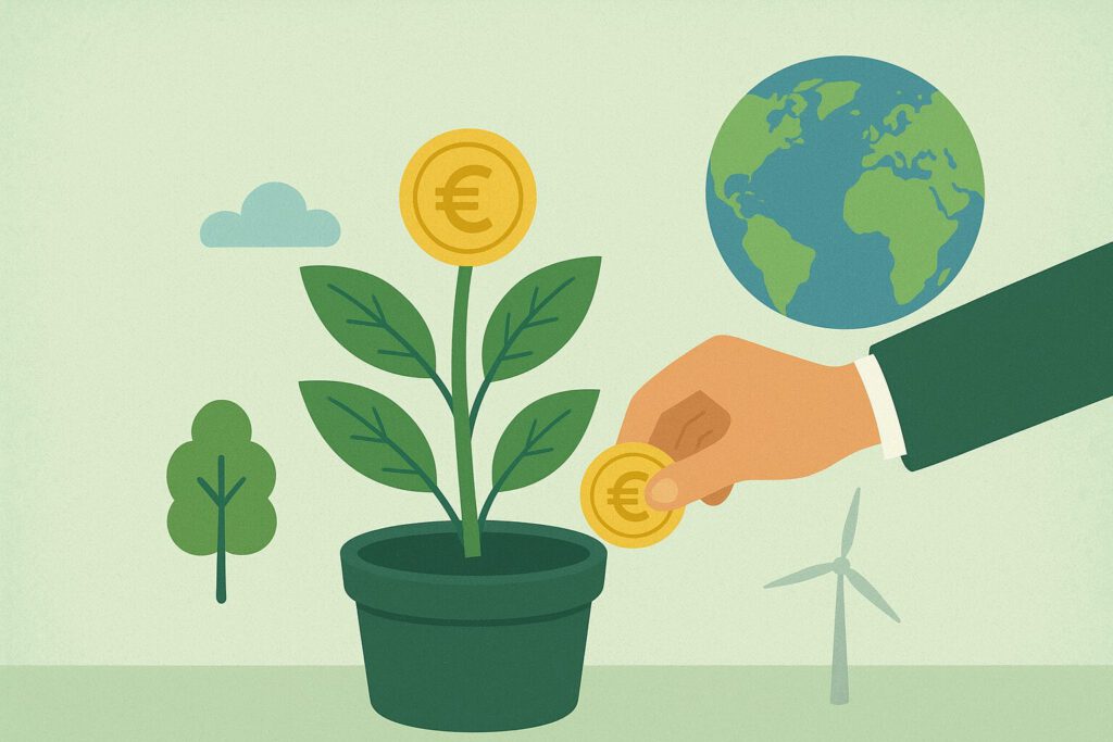 Illustration zum Thema nachhaltige Geldanlage: Eine Hand steckt eine Euro-Münze in einen grünen Blumentopf, aus dem eine Pflanze mit Münzen wächst. Im Hintergrund sind eine Erde, ein Windrad und ein Baum zu sehen – Symbole für Umweltschutz, erneuerbare Energien und nachhaltiges Investieren. Das flache, minimalistische Design in Grün- und Gelbtönen steht für Finanzwachstum und ökologische Verantwortung.